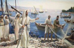 A worship-centered image reflecting the theme “Fishers of People.” The scene includes symbolic elements connected to the sermon: fishing nets representing Jesus’ call to discipleship, water symbolizing baptism and deeper faith, and worship imagery connected to servant leadership and spiritual growth. Blue and white tones reflect peace, renewal, and the journey of following Christ through worship, study, prayer, and service